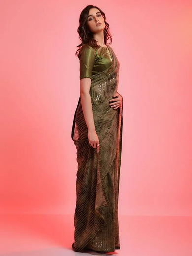 Glamorous Mehendi Green Chiffon Sequins Event Wear Saree With Choli